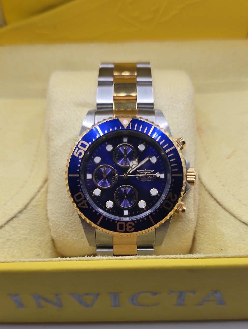 Invicta Blue and Gold/Silver Pro Diver  Stainless Chronograph Watch 200m/60ft